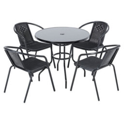 Living And Home Set Of 5 Black 4 Seater Garden Furniture Set Patio Round Glass Table And Stackable Rattan Chairs Set 80 Cm - thumbnail 4