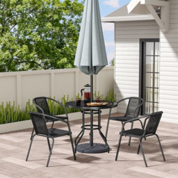 Living And Home Set Of 5 Black 4 Seater Garden Furniture Set Patio Round Glass Table And Stackable Rattan Chairs Set 80 Cm - thumbnail 3