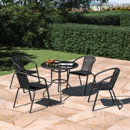 Living And Home Set Of 5 Black 4 Seater Garden Furniture Set Patio Round Glass Table And Stackable Rattan Chairs Set 80 Cm - thumbnail 1