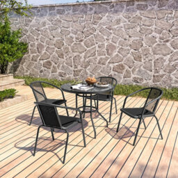 Living And Home Set Of 5 Black 4 Seater Garden Furniture Set Patio Round Glass Table And Stackable Rattan Chairs Set 80 Cm - thumbnail 2
