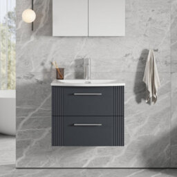 Balterley Belvide Partial Fluted 2 Drawer Wall Hung Vanity Unit With 1 Tap Hole Curved Basin- 600mm - Satin Dark Grey - thumbnail 2