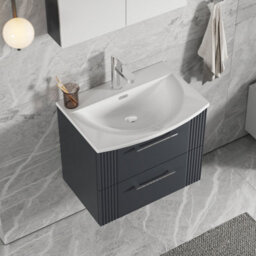 Balterley Belvide Partial Fluted 2 Drawer Wall Hung Vanity Unit With 1 Tap Hole Curved Basin- 600mm - Satin Dark Grey - thumbnail 3
