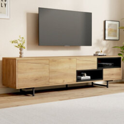 Wood Grain Tv Stand With 2 Drawers, 2 Cabinet Doors And Open Storage - thumbnail 4