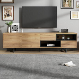 Wood Grain Tv Stand With 2 Drawers, 2 Cabinet Doors And Open Storage - thumbnail 2