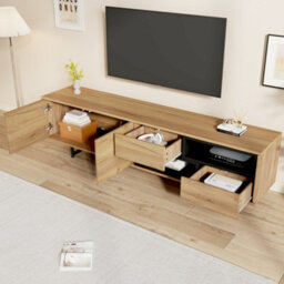 Wood Grain Tv Stand With 2 Drawers, 2 Cabinet Doors And Open Storage - thumbnail 3