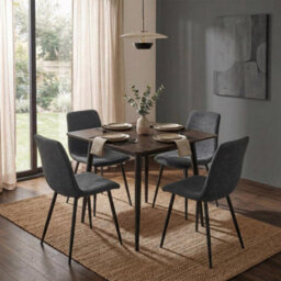 Fwstyle Evie Set Of 4 Grey Linen Upholstered Black Steel Frame Dining Chairs