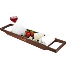 Homiu Bamboo Bath Caddy Tray Bridge Natural Brown Bathtub Tray Rack Tidy Bathroom Shelf Organizer Storage