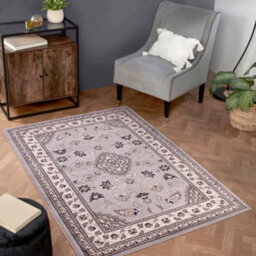 Grey Traditional Bordered Floral Rug Easy To Clean Dining Room-80Cm X 150Cm - thumbnail 1