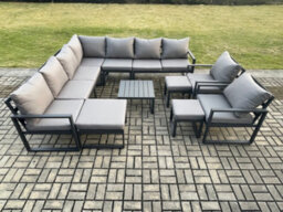 Fimous Aluminium Outdoor Garden Furniture Set Lounge Corner Sofa Square Coffee Table 2 Pcs Chair Sets With 3 Footstools - thumbnail 2