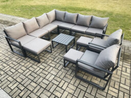 Fimous Aluminium Outdoor Garden Furniture Set Lounge Corner Sofa Square Coffee Table 2 Pcs Chair Sets With 3 Footstools - thumbnail 1