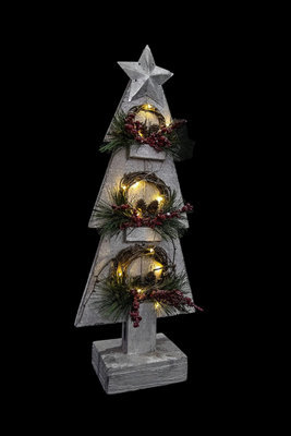Shatchi Christmas Decoation Battery Operated Wooden House Grey Tabletop Decorated With Berries, Pines And Small Warm White Bulbs - image 1