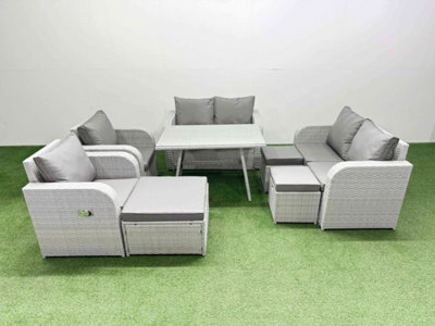 Fimous 9 Seater Rattan Garden Furniture Set Outdoor Love Sofa Set With Rectangular Dining Table 3 Footstools Light Grey - image 1