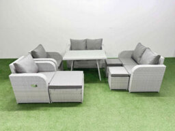 Fimous 9 Seater Rattan Garden Furniture Set Outdoor Love Sofa Set With Rectangular Dining Table 3 Footstools Light Grey - thumbnail 2