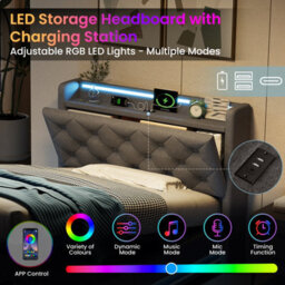 Matteo 3Ft Single Upholstered Ottoman Bed Frame With Rgb Led Headboard, Hydraulic Storage, Usb & Type-C Charging, Grey Linen - thumbnail 6