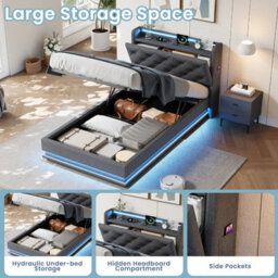 Matteo 3Ft Single Upholstered Ottoman Bed Frame With Rgb Led Headboard, Hydraulic Storage, Usb & Type-C Charging, Grey Linen - thumbnail 7