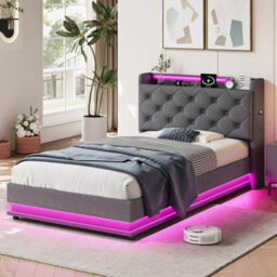 Matteo 3Ft Single Upholstered Ottoman Bed Frame With Rgb Led Headboard, Hydraulic Storage, Usb & Type-C Charging, Grey Linen - thumbnail 2