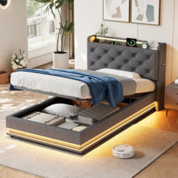 Matteo 3Ft Single Upholstered Ottoman Bed Frame With Rgb Led Headboard, Hydraulic Storage, Usb & Type-C Charging, Grey Linen - thumbnail 3