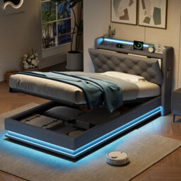 Matteo 3Ft Single Upholstered Ottoman Bed Frame With Rgb Led Headboard, Hydraulic Storage, Usb & Type-C Charging, Grey Linen - thumbnail 4