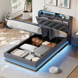 Matteo 3Ft Single Upholstered Ottoman Bed Frame With Rgb Led Headboard, Hydraulic Storage, Usb & Type-C Charging, Grey Linen - thumbnail 5