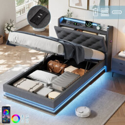 Matteo 3Ft Single Upholstered Ottoman Bed Frame With Rgb Led Headboard, Hydraulic Storage, Usb & Type-C Charging, Grey Linen