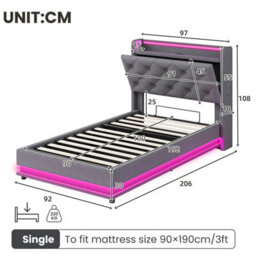 Matteo 3Ft Single Upholstered Ottoman Bed Frame With Rgb Led Headboard, Hydraulic Storage, Usb & Type-C Charging, Grey Linen - thumbnail 9