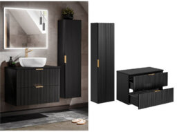 Impact Furniture Bathroom Cabinets Furniture Set Wall Hung 800mm Vanity Unit With Countertop And Tall Storage Cabinet Black Ribbed Fluted Adel