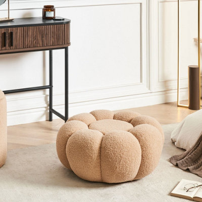 Wyld And Coco Luxora Bouclé Pouffe 60Cm Light Brown Round Footstool - image 1