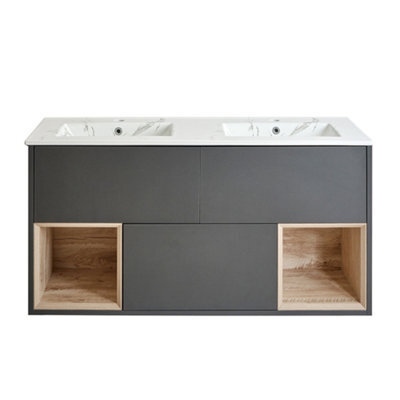 Homestylestore 1212mm Black Grey Wall Hung Bathroom Vanity Unit Led Lit Open Shelf Marble Effect Basin - image 1