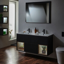 Homestylestore 1212mm Black Grey Wall Hung Bathroom Vanity Unit Led Lit Open Shelf Marble Effect Basin - thumbnail 3