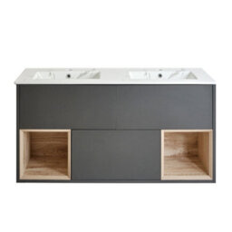 Homestylestore 1212mm Black Grey Wall Hung Bathroom Vanity Unit Led Lit Open Shelf Marble Effect Basin