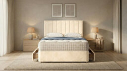 Adore Designs Portland Plush Velvet Divan Bed, Headboard & Mattress - 4Ft6 Double - Cream - 2 Drawers Foot End - thumbnail 2