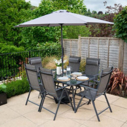 Primrose 6 Seater Dining Set Garden Furniture With Parasol Reclining Chairs Glass Table In Grey - thumbnail 1