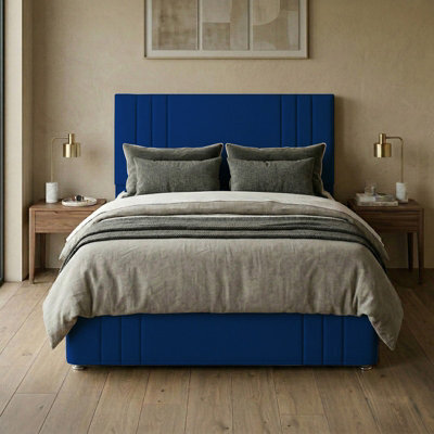 "Adore Designs Rio Plush Velvet Divan Bed, 50"" Headboard, & Footboard - 4Ft Small Double - Blue - 2 Drawers Right Side" - image 1