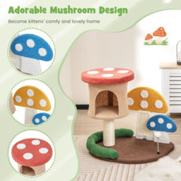 Costway Mushroom Cat Tower 4-In-1 Wooden Cat Tree Activity Center Climbing Stand W/ Condo - thumbnail 9