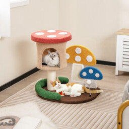 Costway Mushroom Cat Tower 4-In-1 Wooden Cat Tree Activity Center Climbing Stand W/ Condo - thumbnail 3