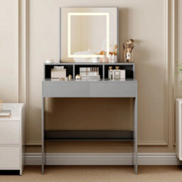 Grey Dressing Table W/mirror, Drawers, Led Lights & Large Open Storage Areas - thumbnail 1