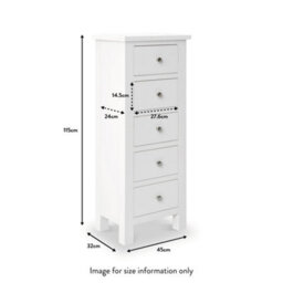 Cornish White 5 Drawer Tallboy Chest Fully Assembled - By Roseland Furniture - thumbnail 2