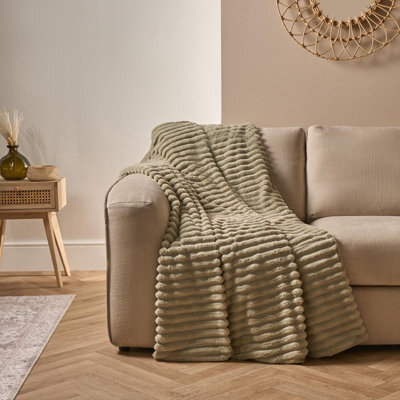 OHS Faux Fur Ribbed Fleece Throw Over Bed Blanket Winter Warm Supersoft, Sage - image 1