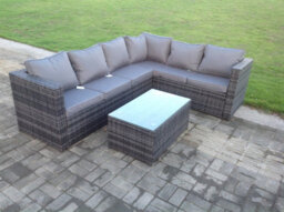 Fimous Pe Rattan Corner Sofa Set Rectangular Oblong Coffee Table Set Outdoor Garden Furniture In Dark Grey Mix 6 Seater - thumbnail 5