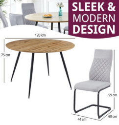 Hallowood Furniture Cullompton Large Round Dining Table, Light Oak Effect Top (120Cm), With 6 Grey Fabric High Back Chairs - thumbnail 3