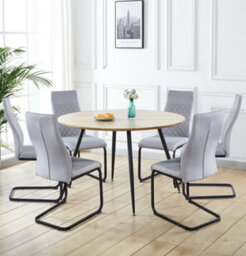 Hallowood Furniture Cullompton Large Round Dining Table, Light Oak Effect Top (120Cm), With 6 Grey Fabric High Back Chairs - thumbnail 1