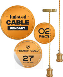 2 Pack Vintage French Gold E27 Pendant Light Kit With 2M Twisted Fabric Cable & Ceiling Rose  Industrial Hanging Ceiling Lights - thumbnail 1