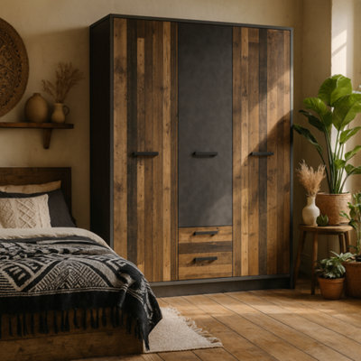 Wyld Haus Whimwick Walnut And Dark Matera Grey 3 Door Wardrobe With 2 Drawers - image 1