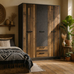 Wyld Haus Whimwick Walnut And Dark Matera Grey 3 Door Wardrobe With 2 Drawers - thumbnail 1