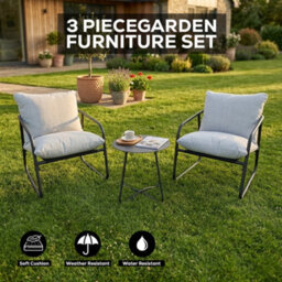 Alivio 3 Piece Iron Bistro Set, Outdoor Table & 2 Cushioned Armchairs, Weather-Resistant For Balcony & Garden (Grey) - thumbnail 2
