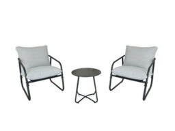 Alivio 3 Piece Iron Bistro Set, Outdoor Table & 2 Cushioned Armchairs, Weather-Resistant For Balcony & Garden (Grey) - thumbnail 1