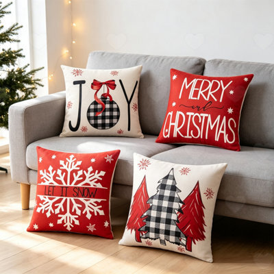 Amorly 4Pcs Red Merry Christmas Throw Pillow Covers, 18X18In Cushion Cases Printed With Joy Xmas Tree Patterns For Winter Holiday Decor - image 1