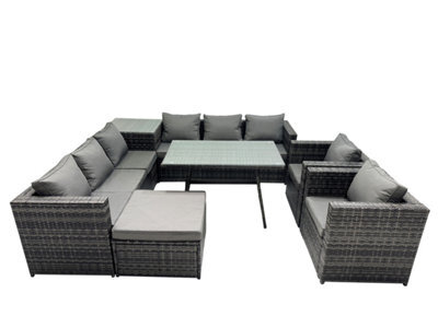 Fimous Outdoor Corner Sofa Chair Dining Table Set Garden Rattan Furniture Set 9 Seater With Big Stool Side Table Dark Grey - image 1