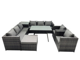 Fimous Outdoor Corner Sofa Chair Dining Table Set Garden Rattan Furniture Set 9 Seater With Big Stool Side Table Dark Grey - thumbnail 1