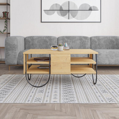 Fwstyle 3 Tier Natural Oak Coffee Table Scratch Resistant Black Metal Frame - image 1